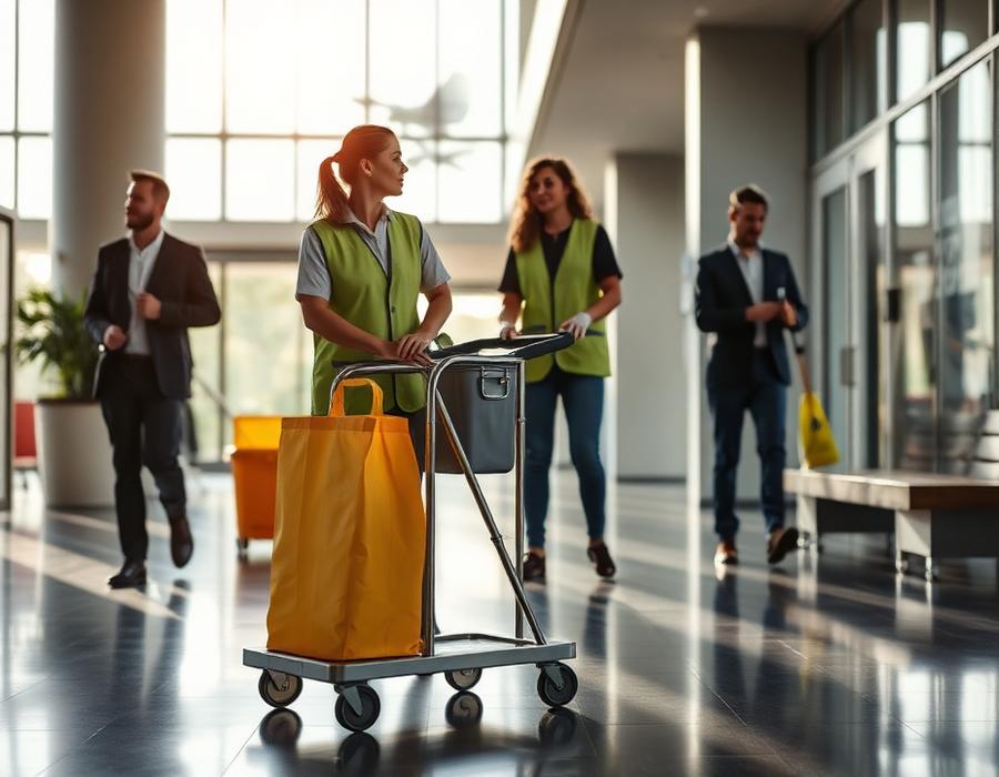 Rengøringsteam med rengøringsvogn i en erhvervsbygnings foyer